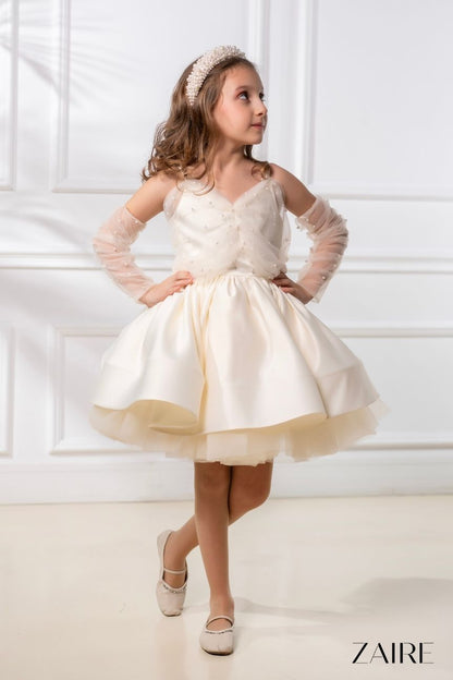 Noemi Elegant Cream Ceremony Dress for Girls – Taffeta and Pearl-Embellished Tulle Set with Gloves