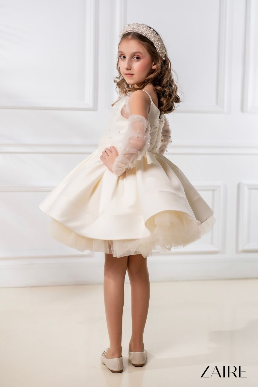 Noemi Elegant Cream Ceremony Dress for Girls – Taffeta and Pearl-Embellished Tulle Set with Gloves