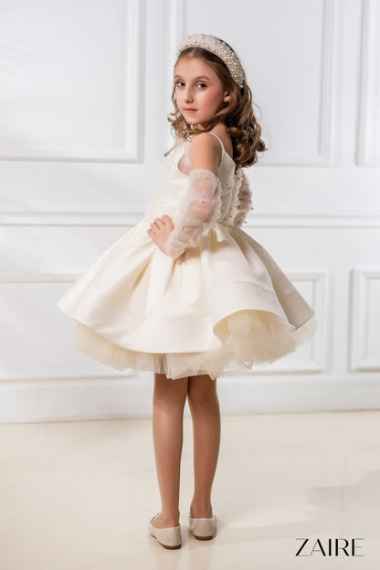 Noemi Elegant Cream Ceremony Dress for Girls – Taffeta and Pearl-Embellished Tulle Set with Gloves