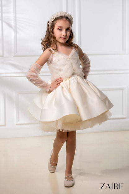 Noemi Elegant Cream Ceremony Dress for Girls – Taffeta and Pearl-Embellished Tulle Set with Gloves