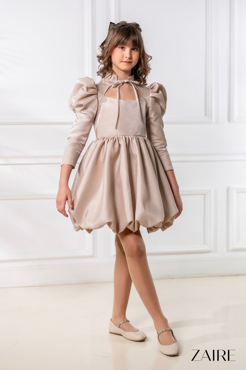 Rita Elegant Nude Ceremony Dress for Girls – Bubble Skirt and Glitter-Infused Taffeta