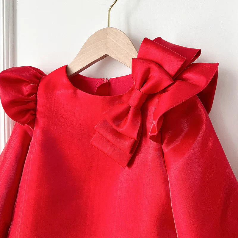 Celine Elegant Red Long-Sleeved Gown – Premium Mikado Taffeta with Ruffles and Bows
