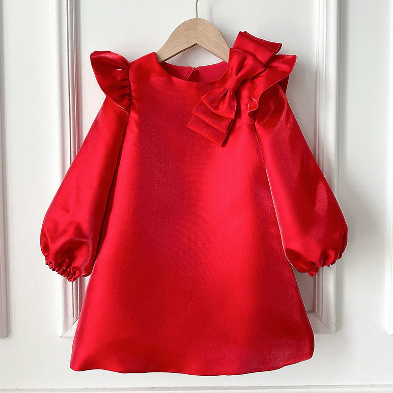 Celine Elegant Red Long-Sleeved Gown – Premium Mikado Taffeta with Ruffles and Bows