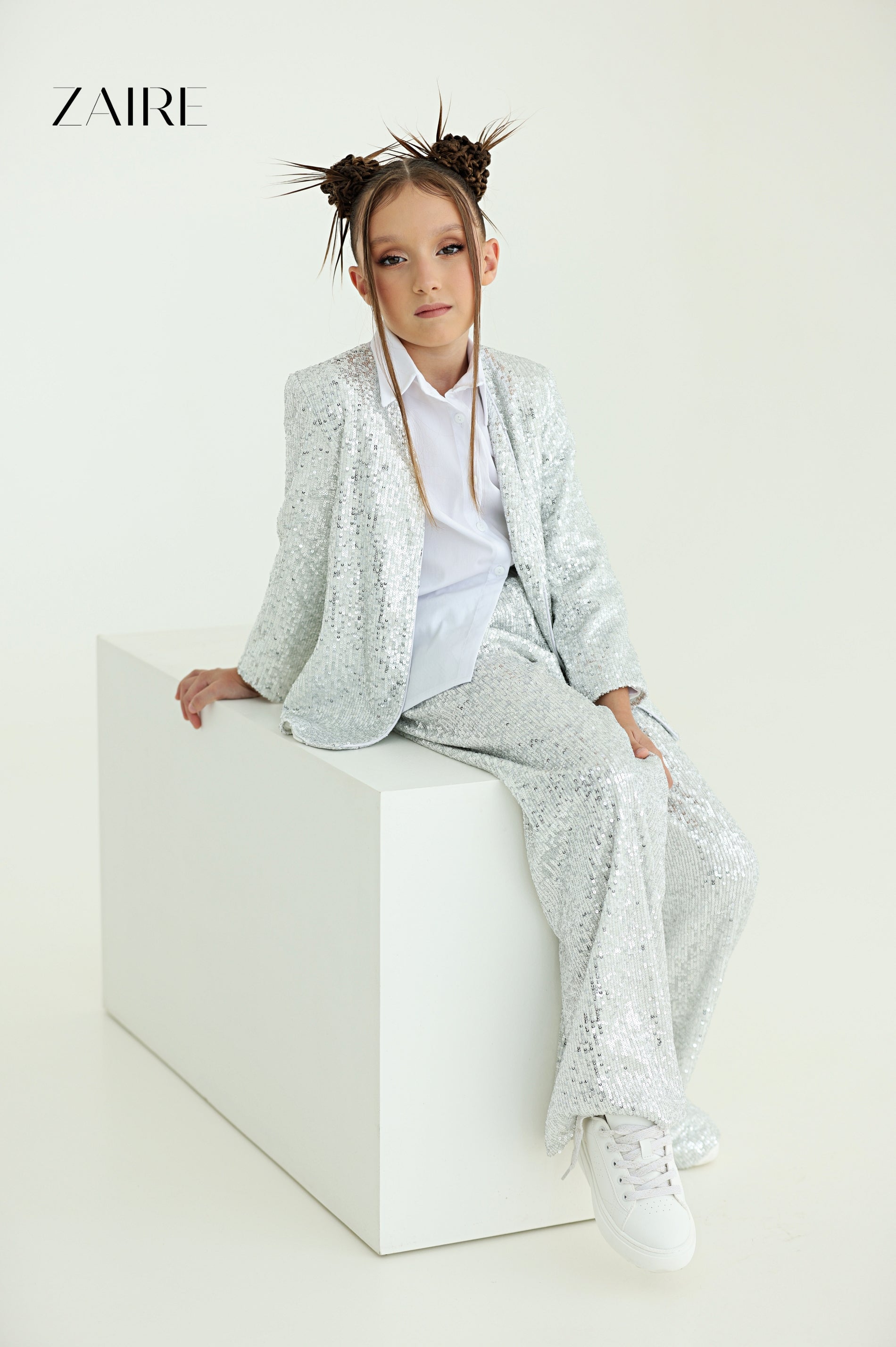 Alida Elegant Silver Sequin Suit for Girls – Sequin Blazer and Flared Trousers