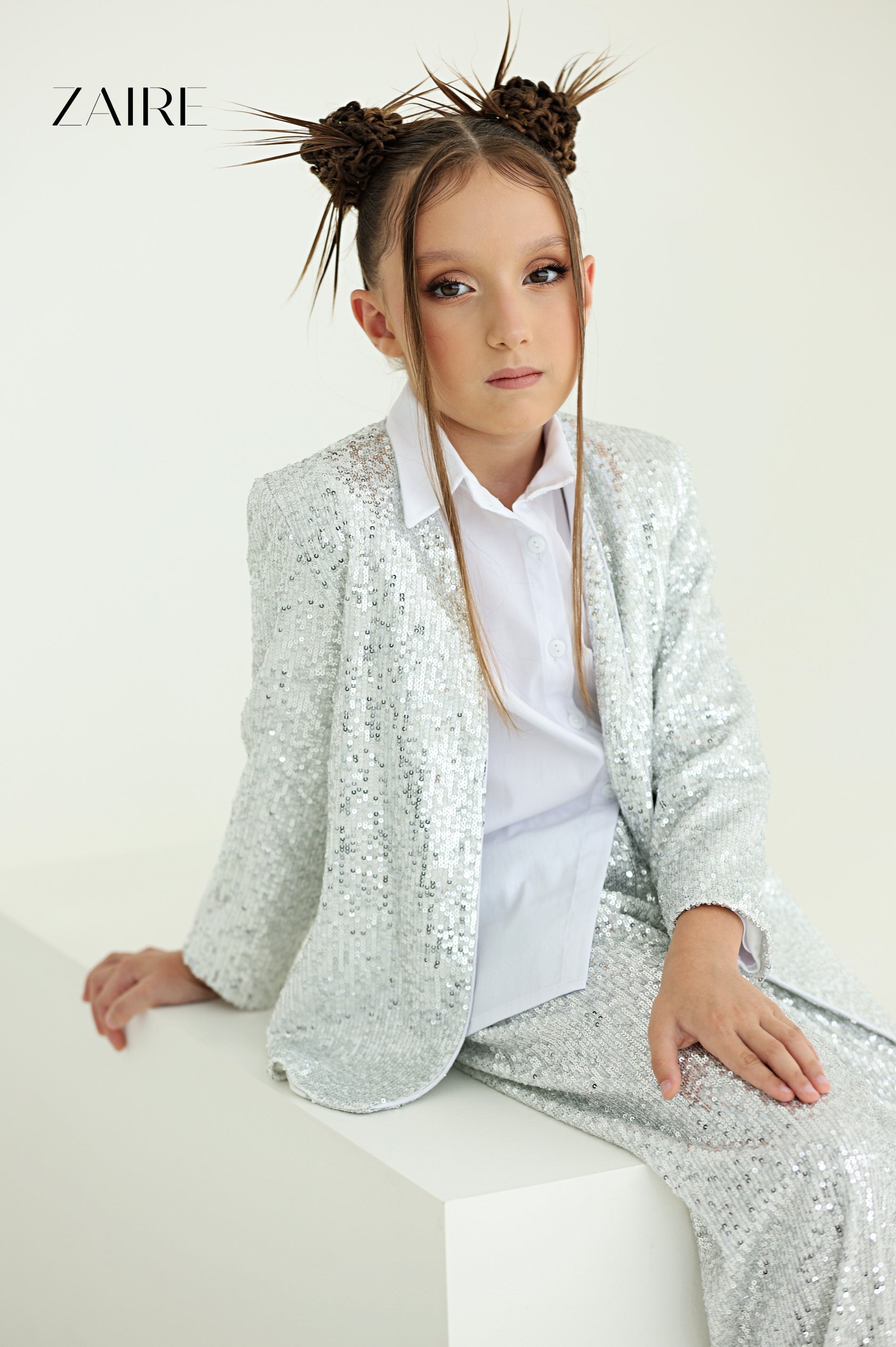Alida Elegant Silver Sequin Suit for Girls – Sequin Blazer and Flared Trousers