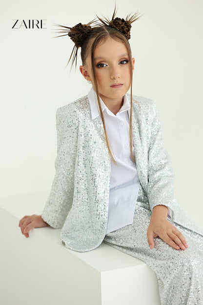 Alida Elegant Silver Sequin Suit for Girls – Sequin Blazer and Flared Trousers