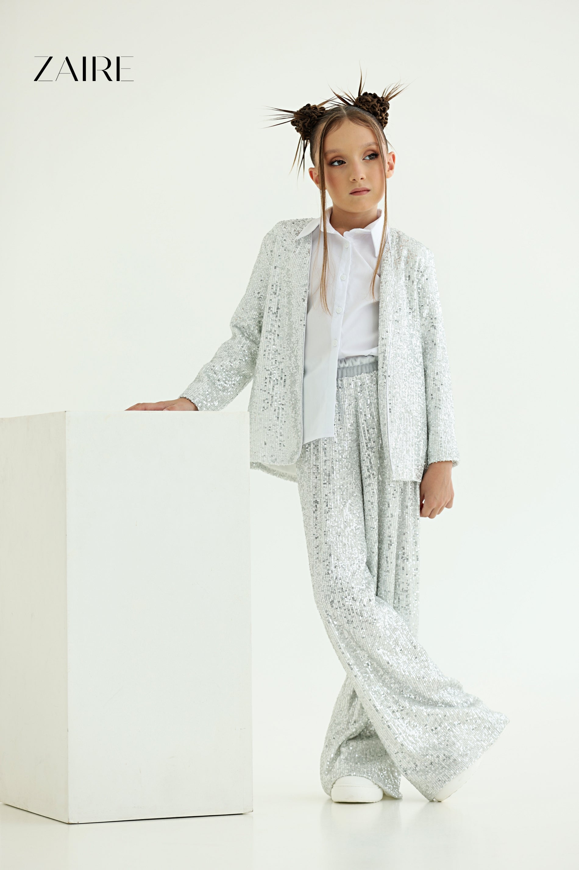 Alida Elegant Silver Sequin Suit for Girls – Sequin Blazer and Flared Trousers