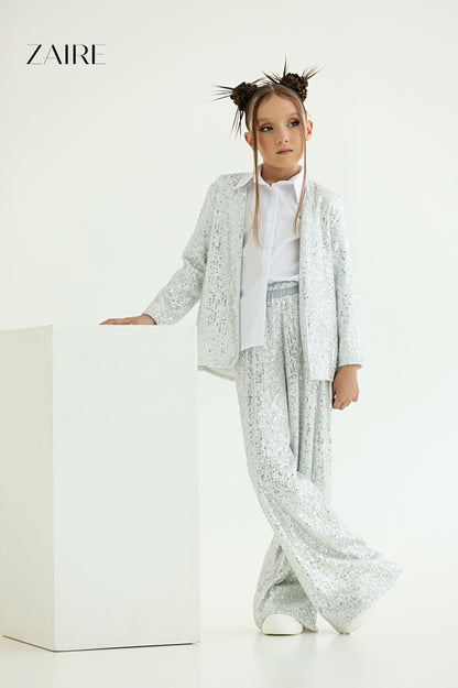Alida Elegant Silver Sequin Suit for Girls – Sequin Blazer and Flared Trousers