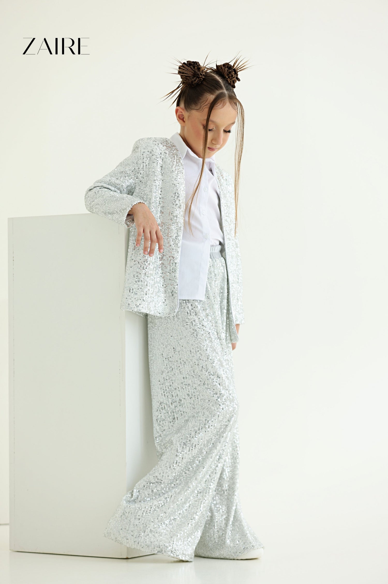 Alida Elegant Silver Sequin Suit for Girls – Sequin Blazer and Flared Trousers