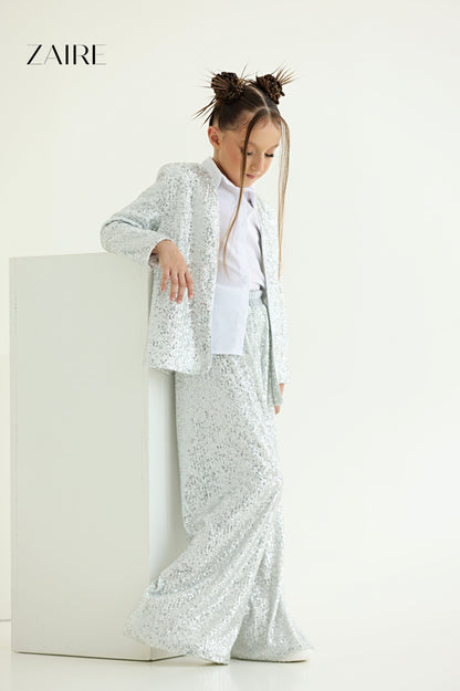 Alida Elegant Silver Sequin Suit for Girls – Sequin Blazer and Flared Trousers