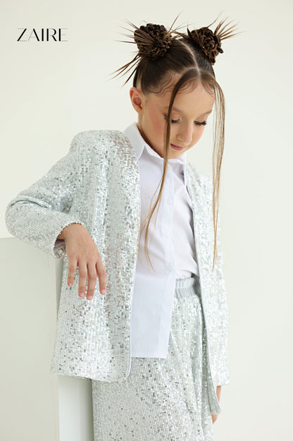Alida Elegant Silver Sequin Suit for Girls – Sequin Blazer and Flared Trousers