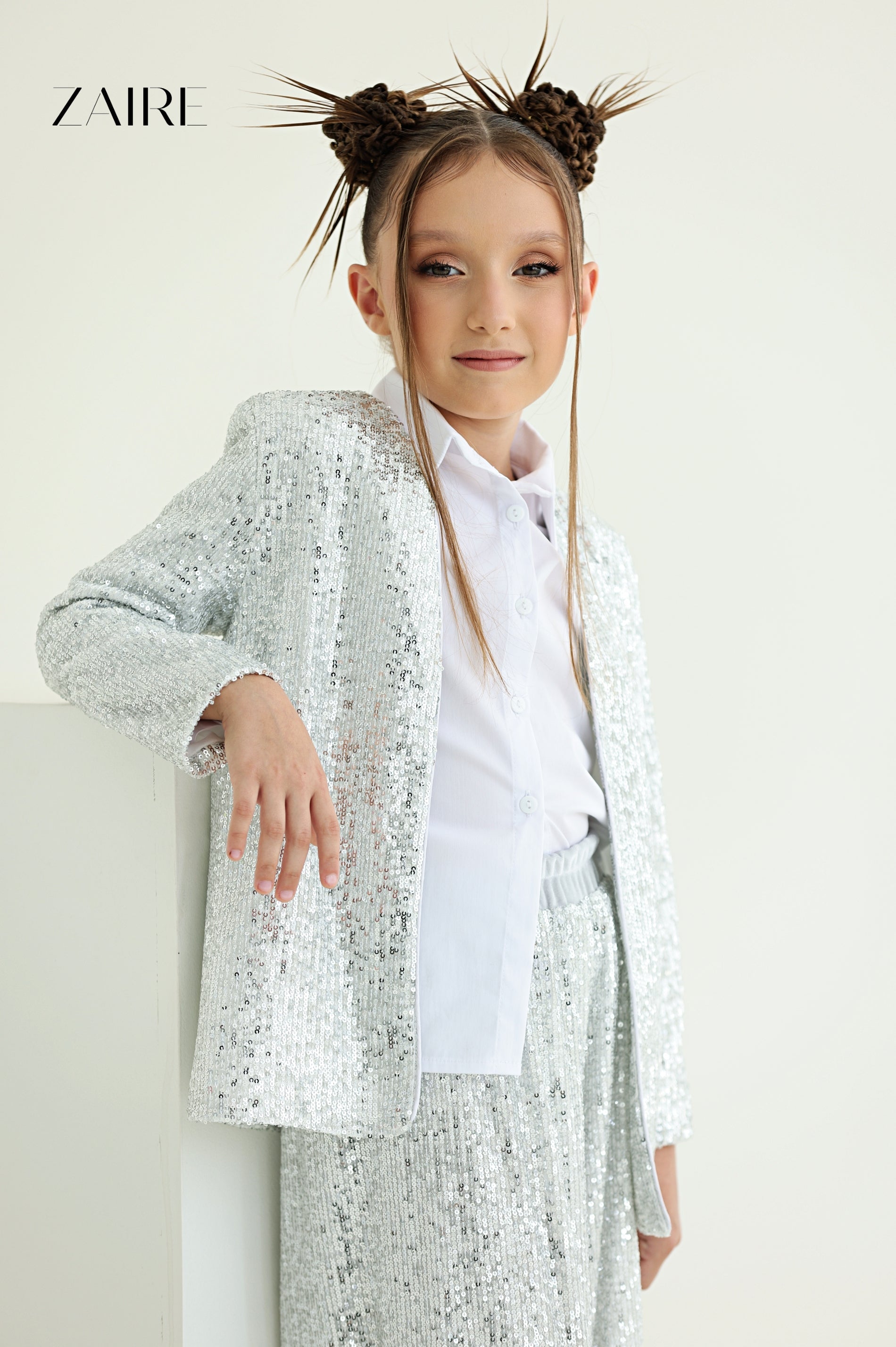 Alida Elegant Silver Sequin Suit for Girls – Sequin Blazer and Flared Trousers