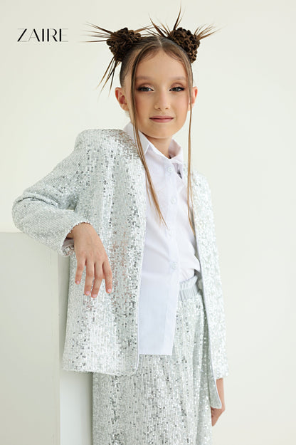 Alida Elegant Silver Sequin Suit for Girls – Sequin Blazer and Flared Trousers