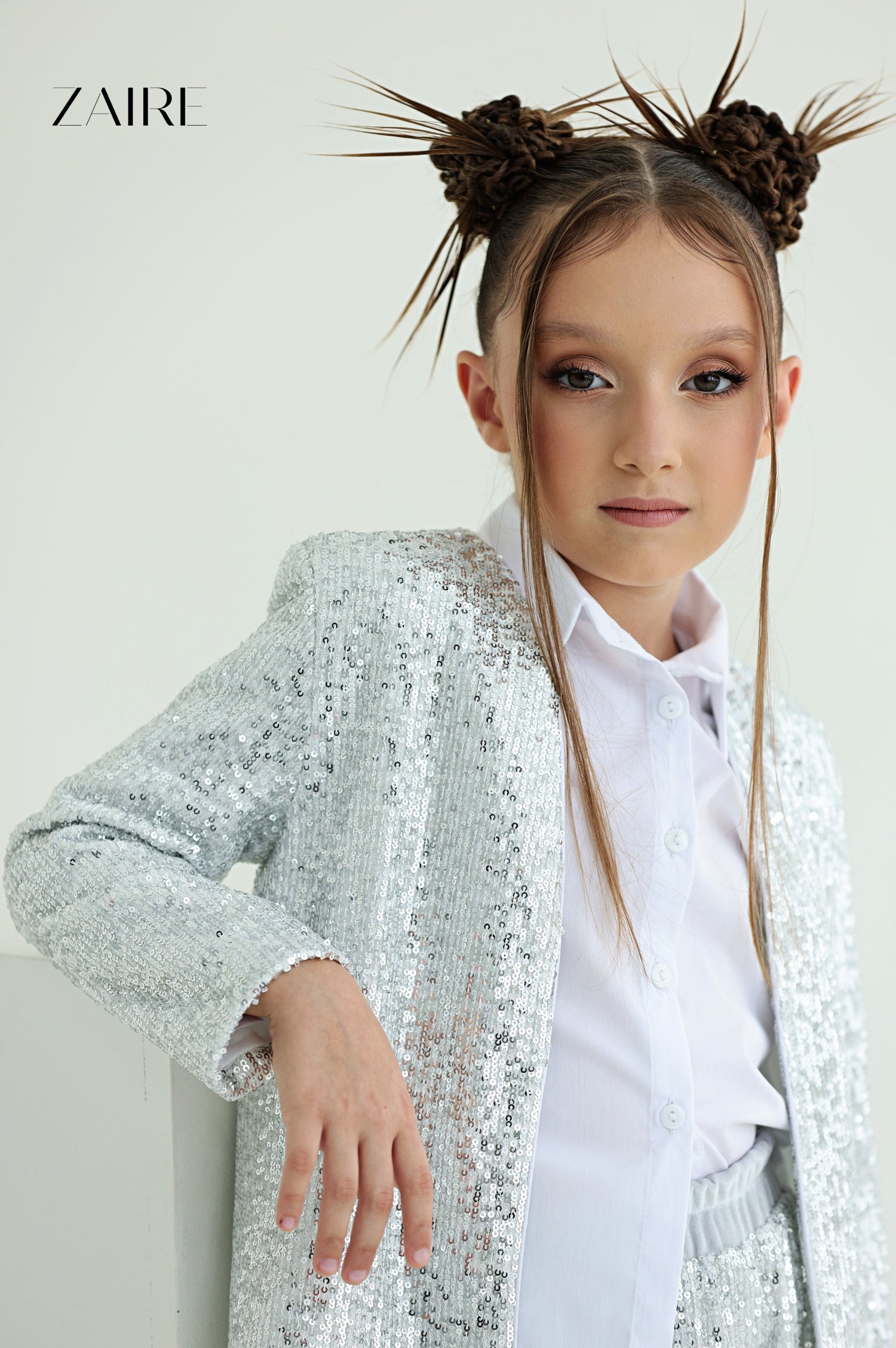 Alida Elegant Silver Sequin Suit for Girls – Sequin Blazer and Flared Trousers