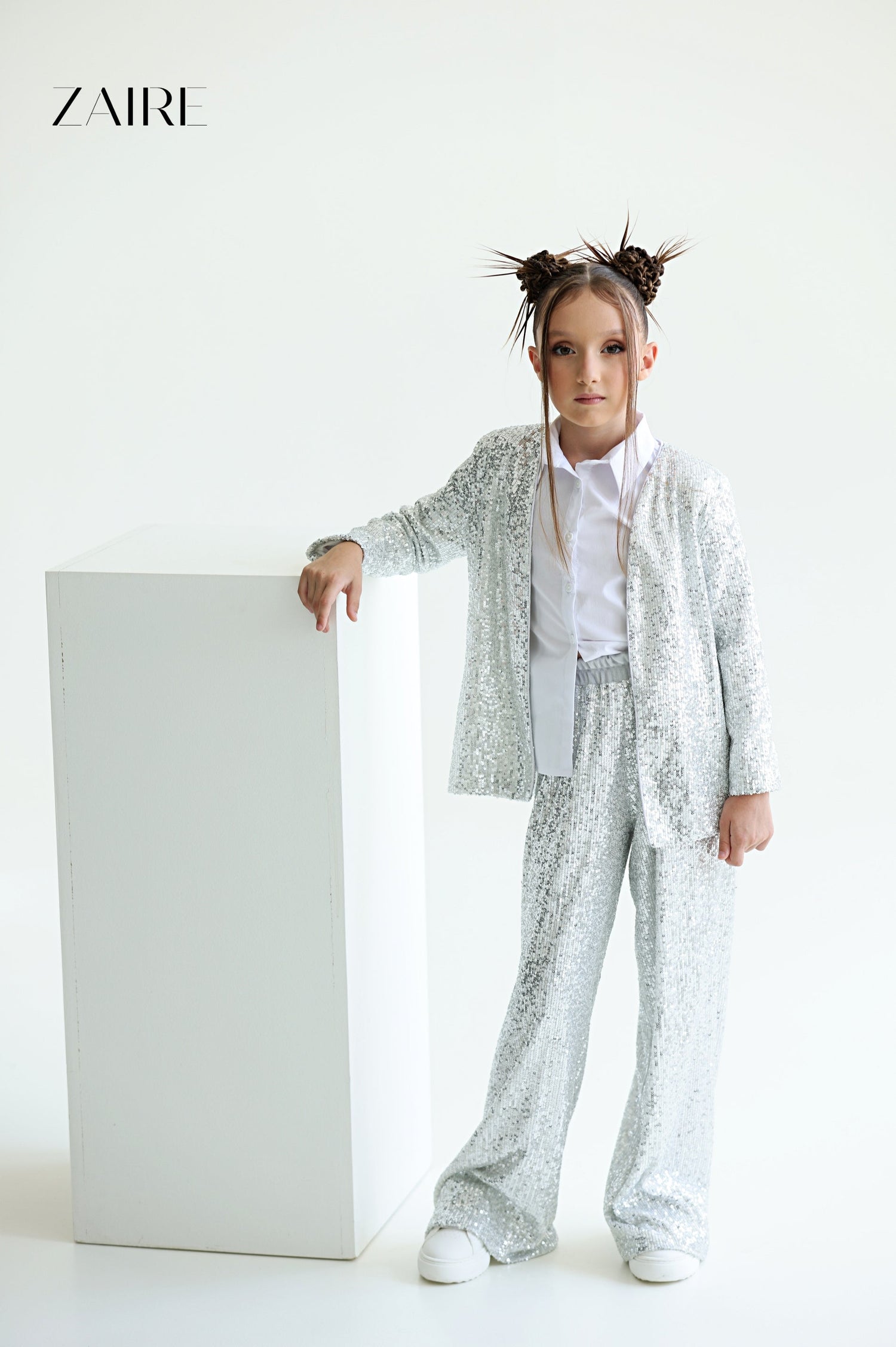 Alida Elegant Silver Sequin Suit for Girls – Sequin Blazer and Flared Trousers