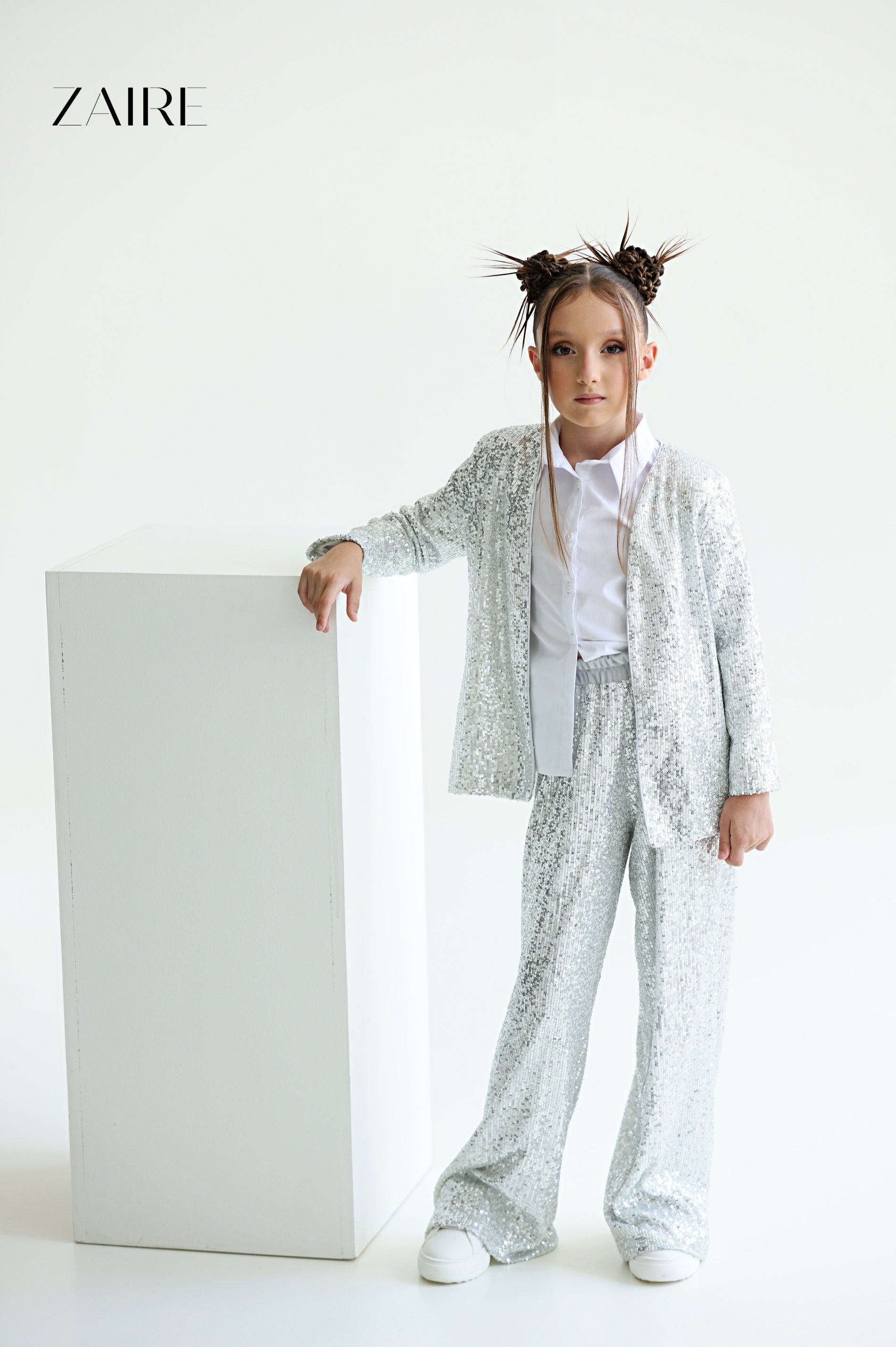 Alida Elegant Silver Sequin Suit for Girls – Sequin Blazer and Flared Trousers