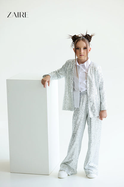 Alida Elegant Silver Sequin Suit for Girls – Sequin Blazer and Flared Trousers
