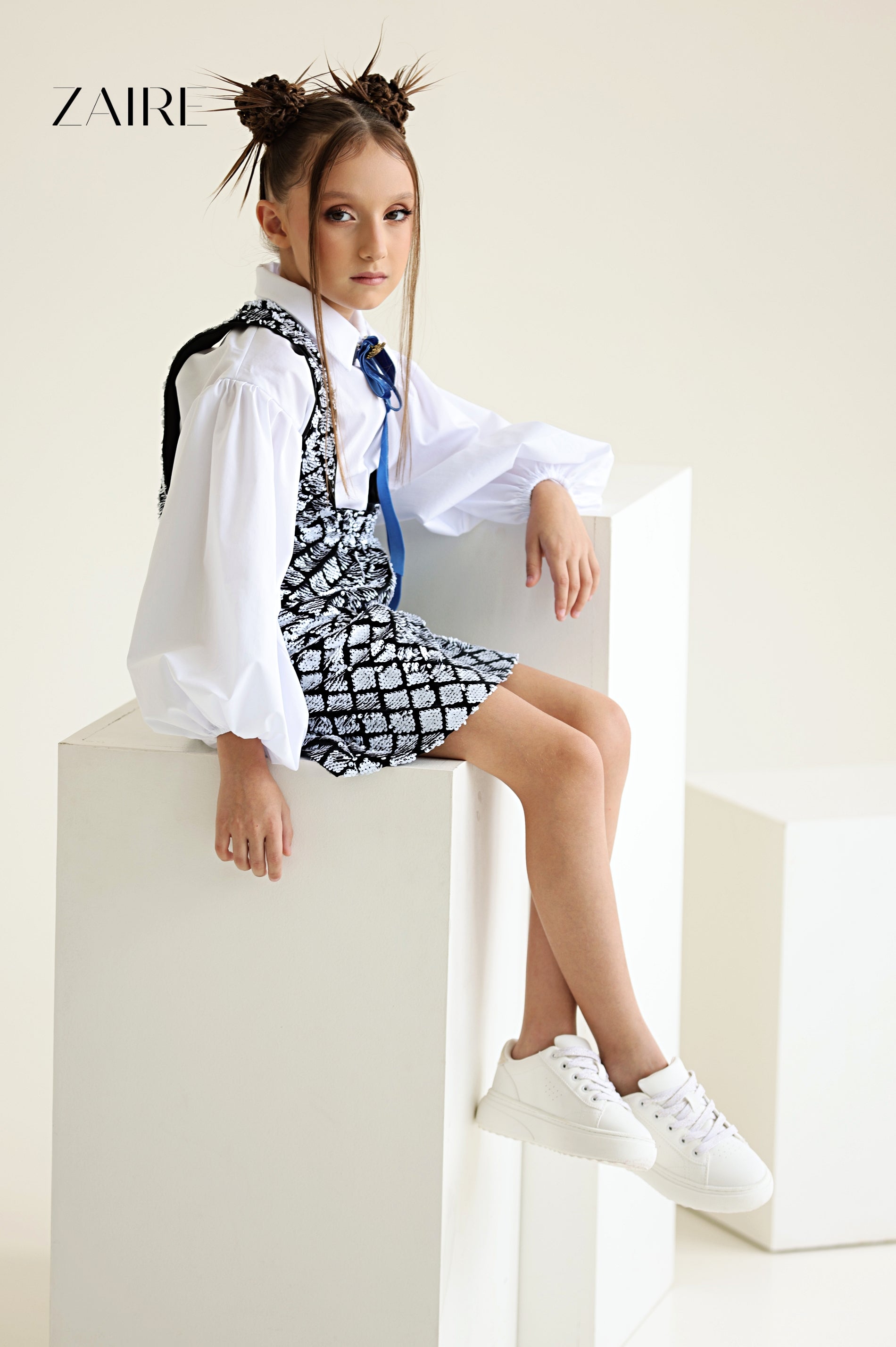 Lola Elegant Black Sequin Pinafore Dress &amp; White Puff-Sleeve Shirt Set for Girls