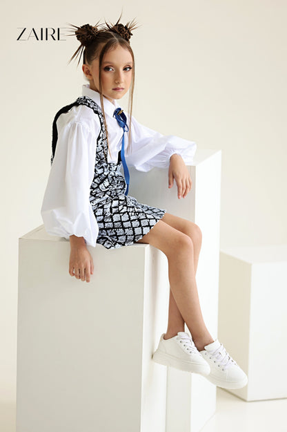 Lola Elegant Black Sequin Pinafore Dress &amp; White Puff-Sleeve Shirt Set for Girls