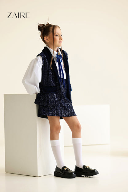 Monalissa Elegant Navy Blue Sequin Set for Girls – Sequin Vest and Skirt with Velvet Details