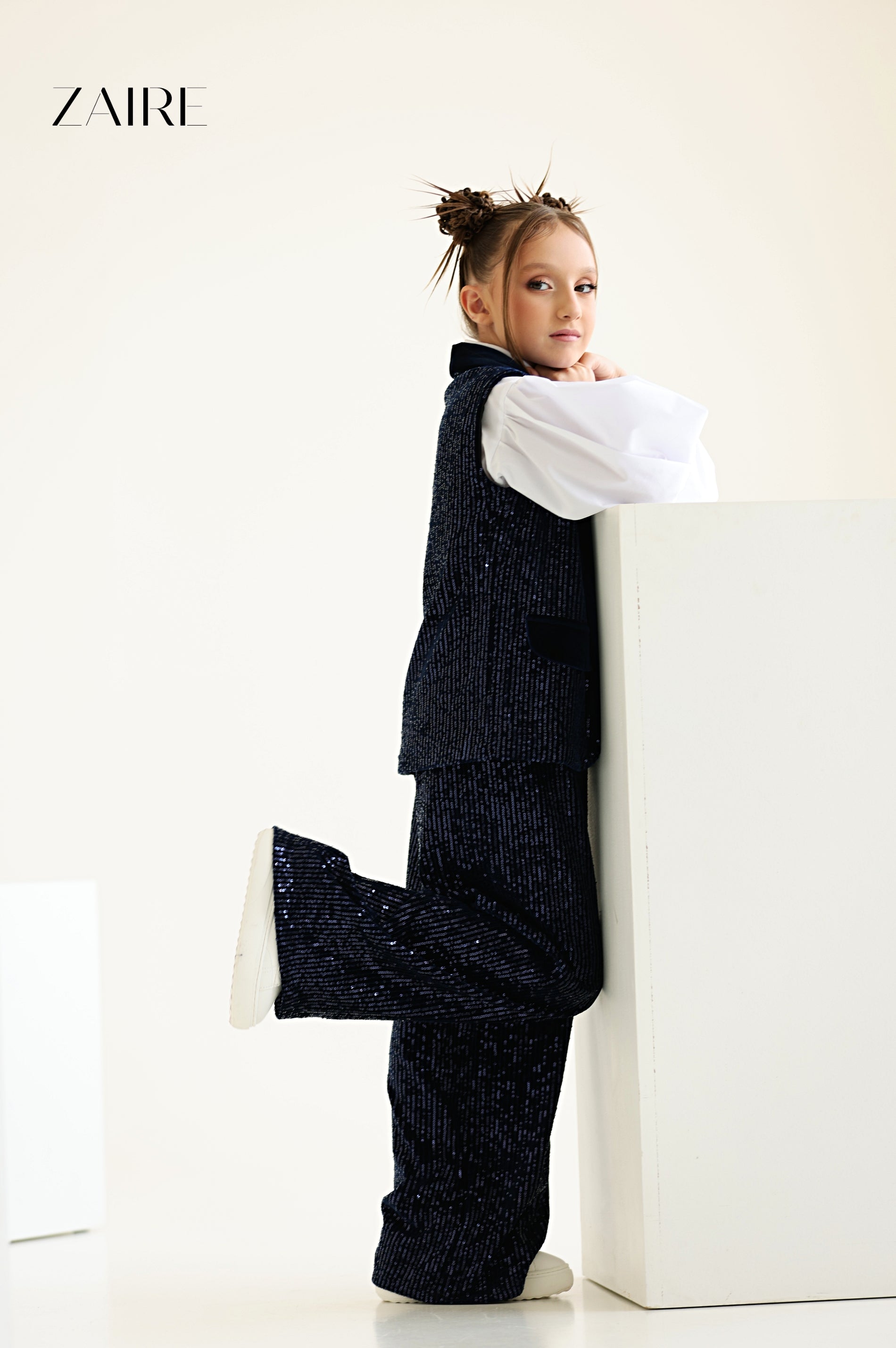 Liah Elegant Navy Blue Sequin Suit for Girls – Sequin Vest and Flared Trousers