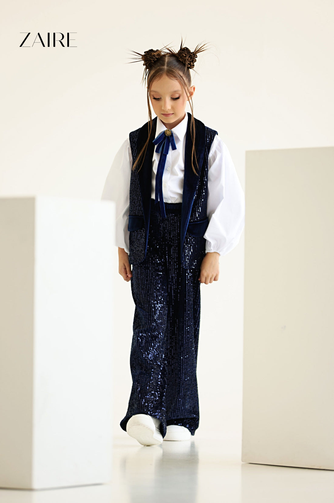 Liah Elegant Navy Blue Sequin Suit for Girls – Sequin Vest and Flared Trousers