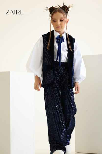 Liah Elegant Navy Blue Sequin Suit for Girls – Sequin Vest and Flared Trousers