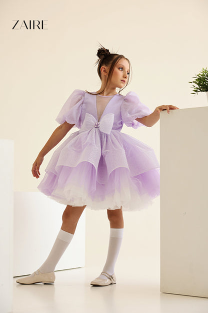 Betina Elegant Nude Glitter Tulle Dress for Girls – Cream Shimmer and Signature Bow