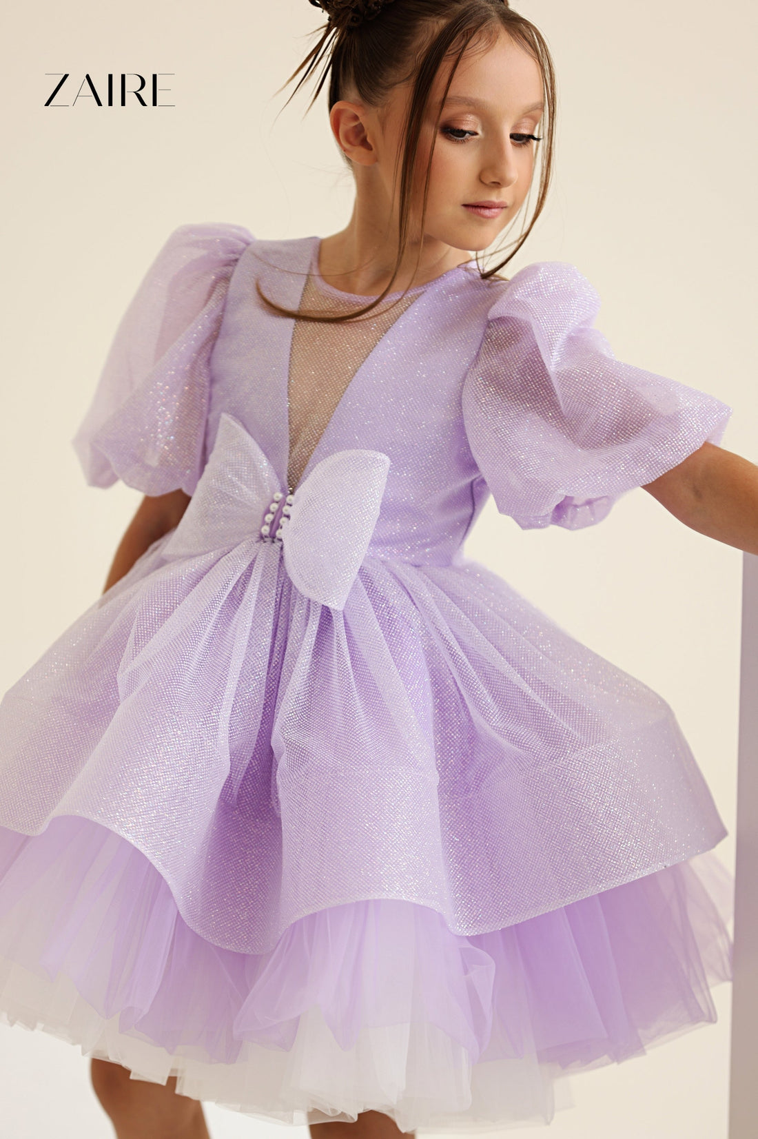 Betina Elegant Liliac Glitter Tulle Dress for Girls – Cream Shimmer and Signature Bow