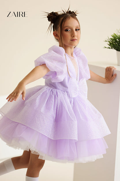Betina Elegant Nude Glitter Tulle Dress for Girls – Cream Shimmer and Signature Bow
