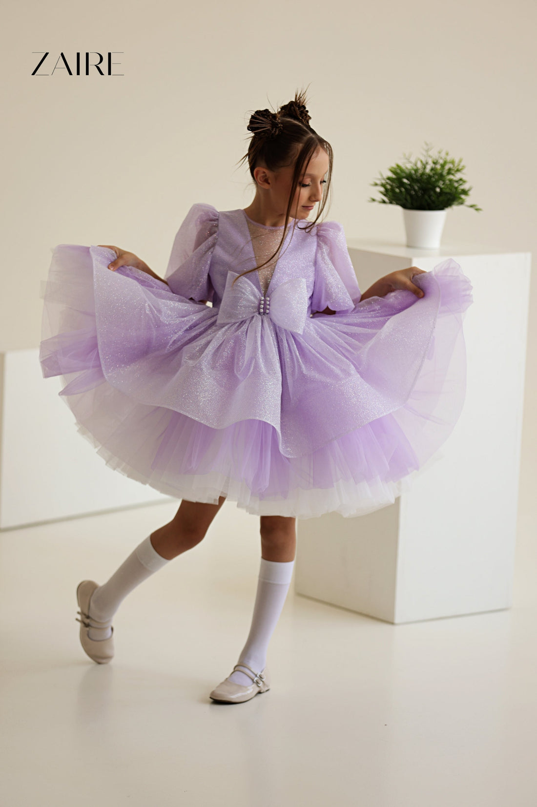 Betina Elegant Liliac Glitter Tulle Dress for Girls – Cream Shimmer and Signature Bow