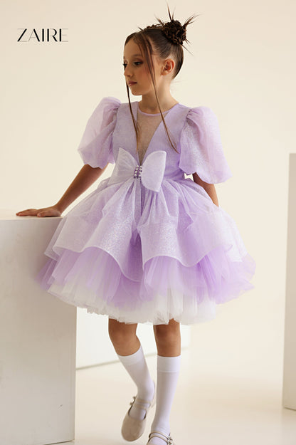 Betina Elegant Nude Glitter Tulle Dress for Girls – Cream Shimmer and Signature Bow