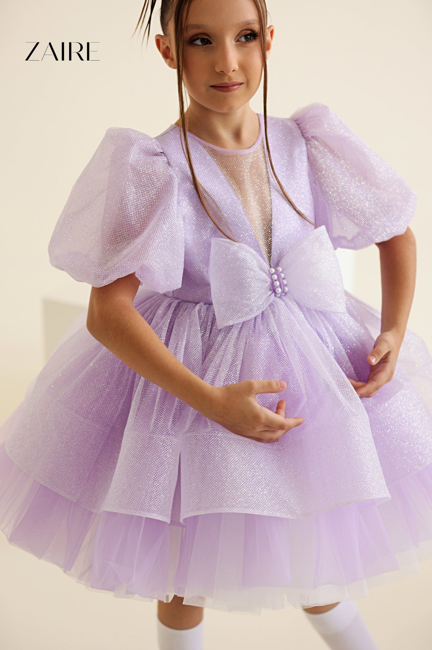 Betina Elegant Nude Glitter Tulle Dress for Girls – Cream Shimmer and Signature Bow