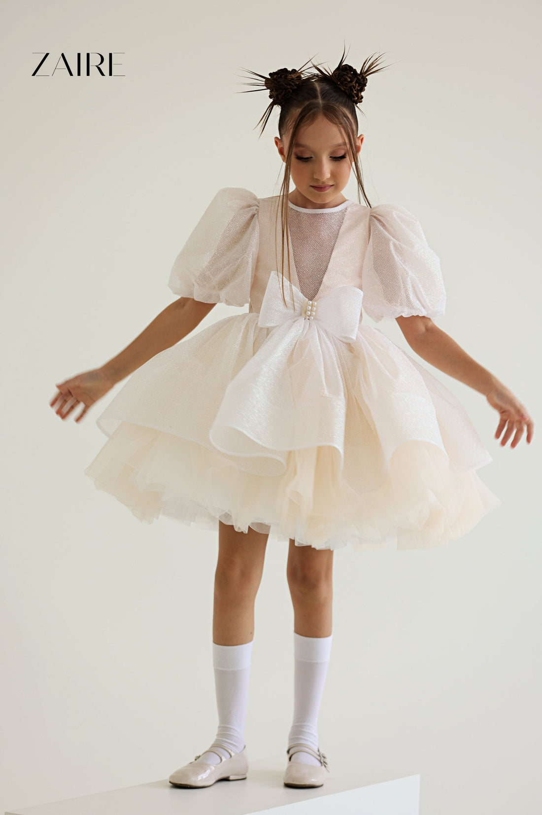 Betina Elegant Nude Glitter Tulle Dress for Girls – Cream Shimmer and Signature Bow