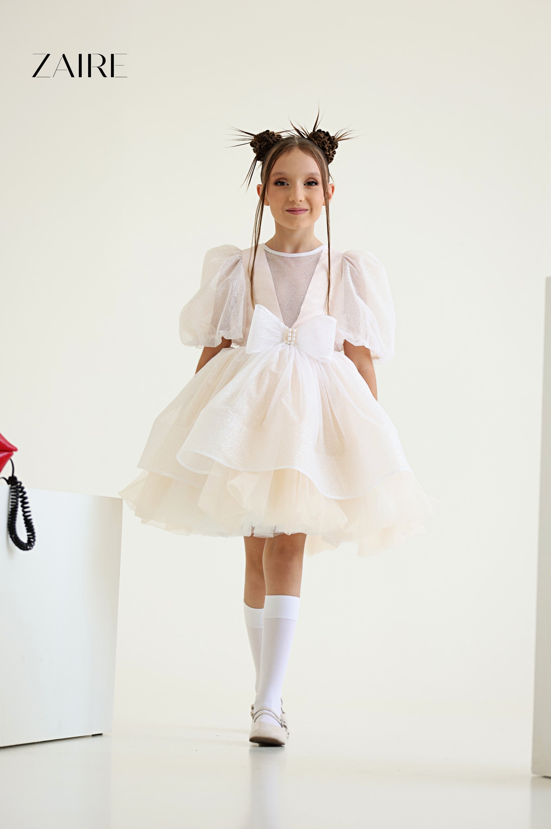 Betina Elegant Nude Glitter Tulle Dress for Girls – Cream Shimmer and Signature Bow