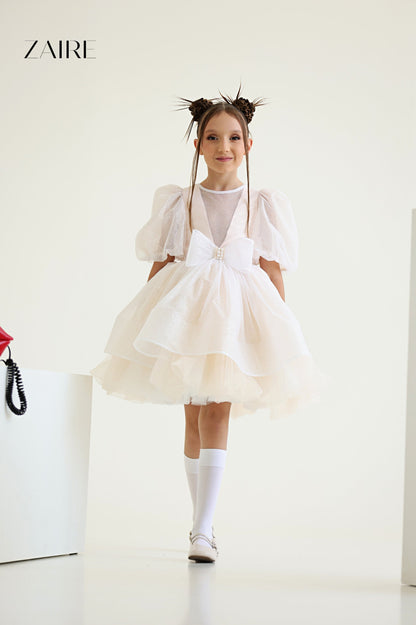 Betina Elegant Nude Glitter Tulle Dress for Girls – Cream Shimmer and Signature Bow