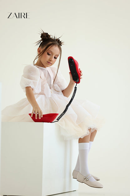 Betina Elegant Nude Glitter Tulle Dress for Girls – Cream Shimmer and Signature Bow