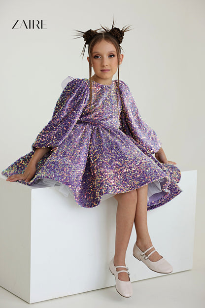Violetta Elegant Royal Blue Sequin Dress for Girls – Velvet Base with Statement Back Bow