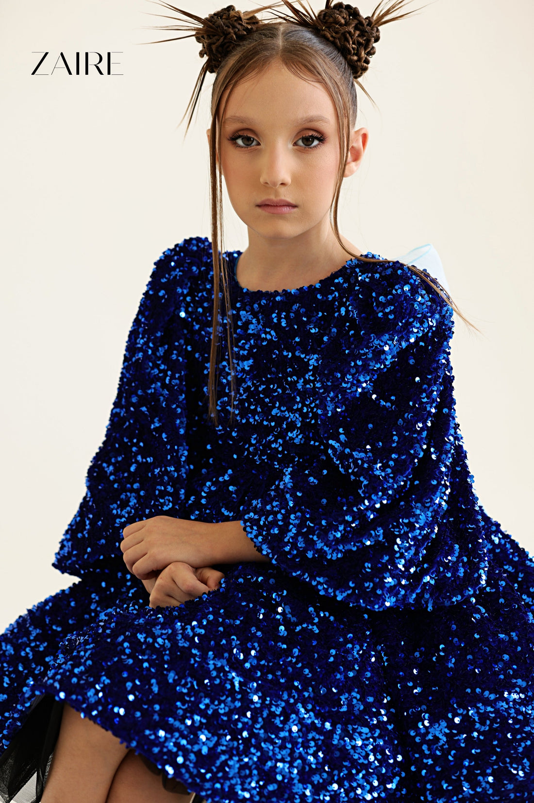 Violetta Elegant Royal Blue Sequin Dress for Girls – Velvet Base with Statement Back Bow