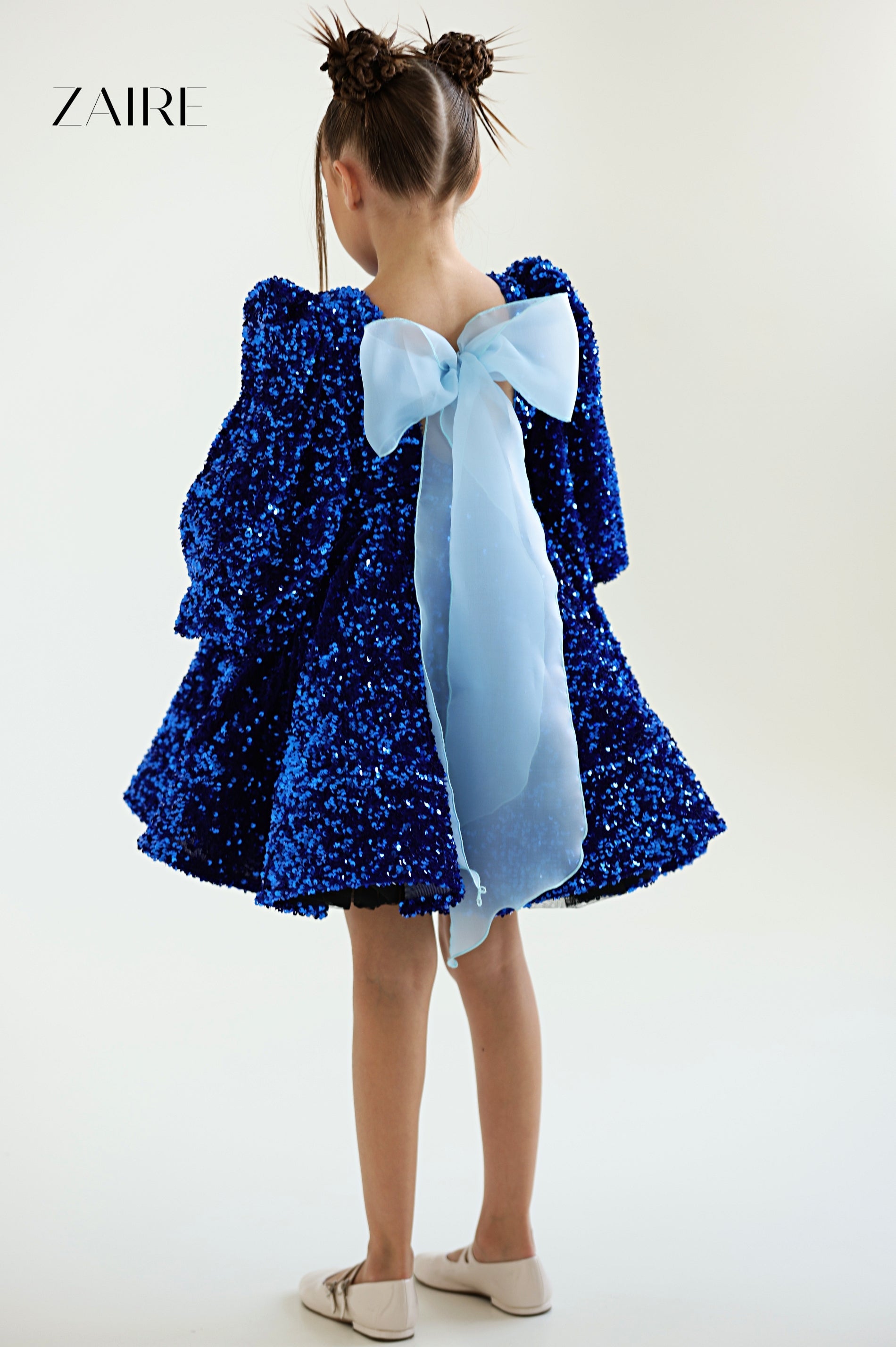Violetta Elegant Royal Blue Sequin Dress for Girls – Velvet Base with Statement Back Bow