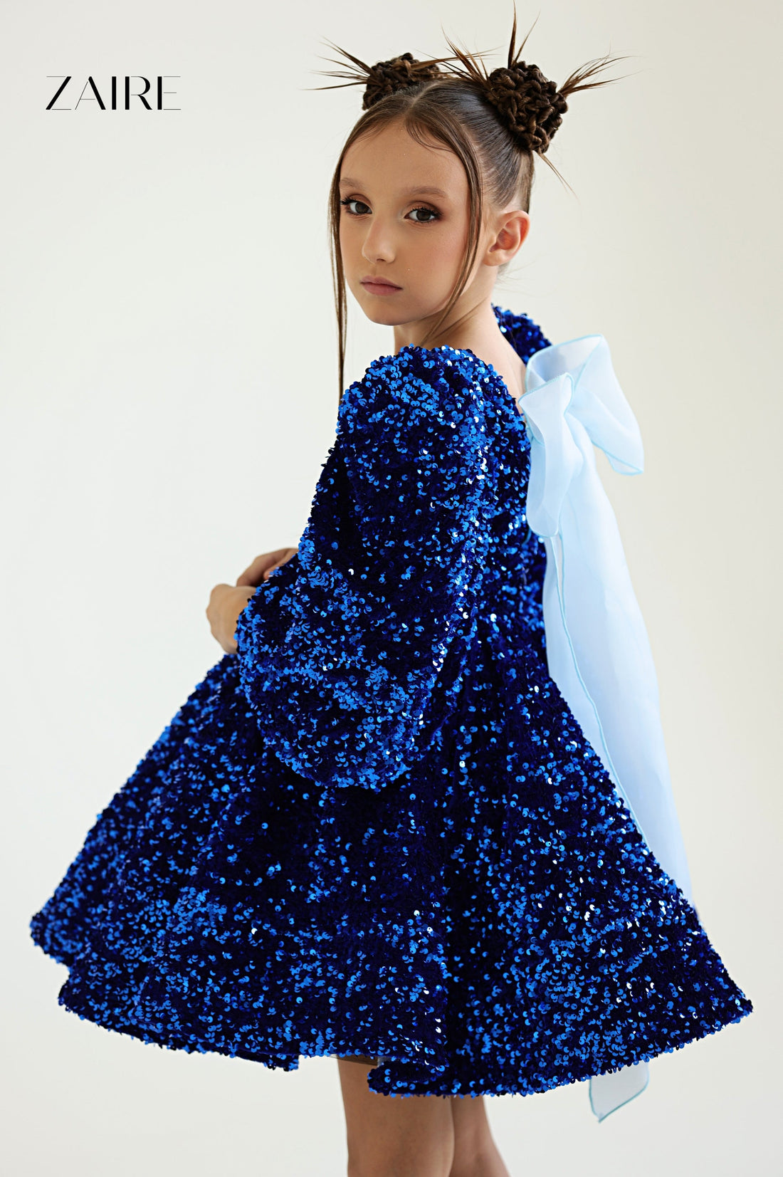 Violetta Elegant Royal Blue Sequin Dress for Girls – Velvet Base with Statement Back Bow