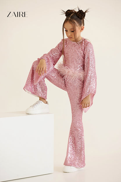 Eliana Elegant Pink Sequin Suit for Girls – Flared Trousers and Top with Natural Feather Trim