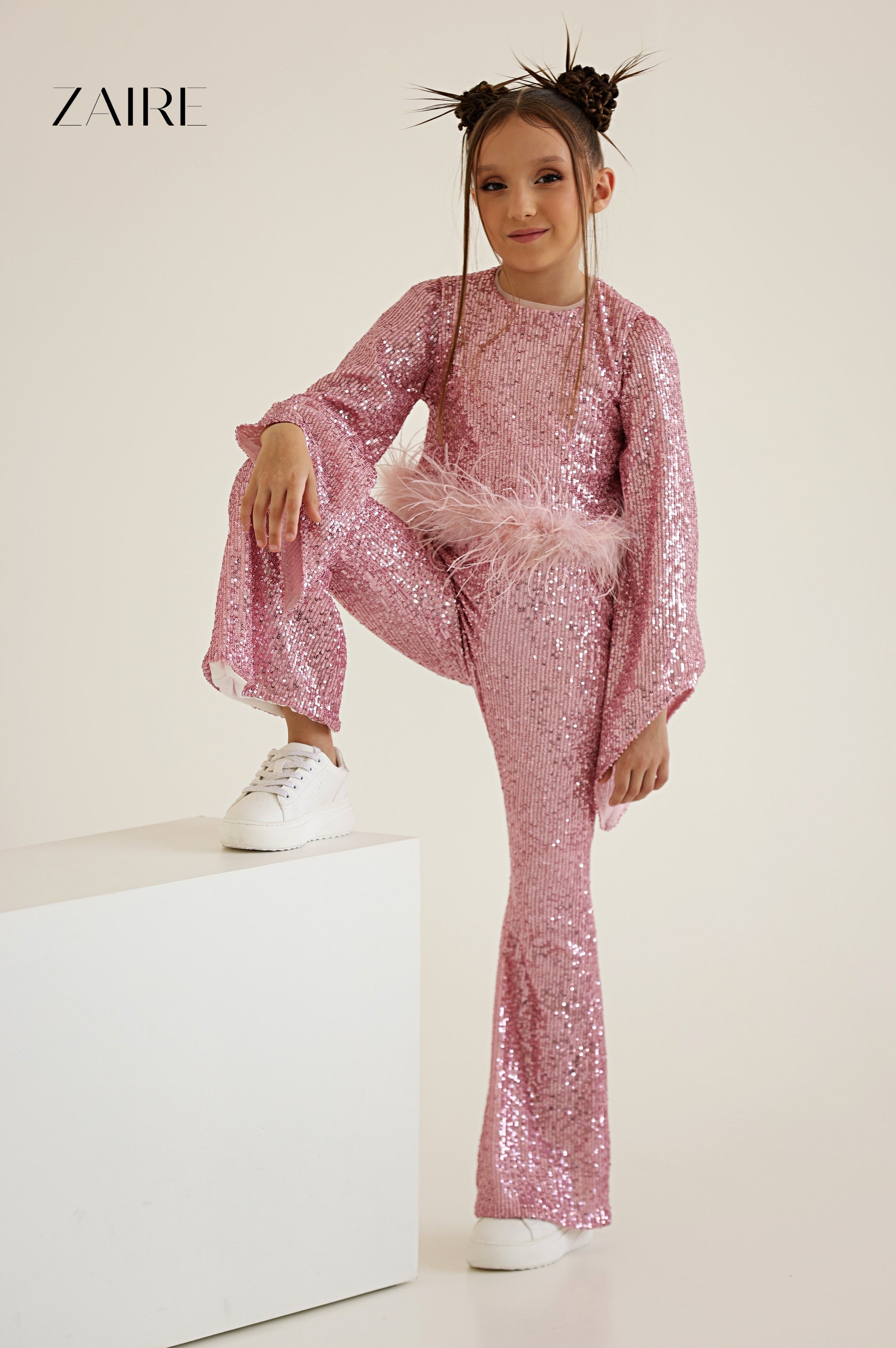 Eliana Elegant Red Sequin Suit for Girls – Flared Trousers and Top with Natural Feather Trim