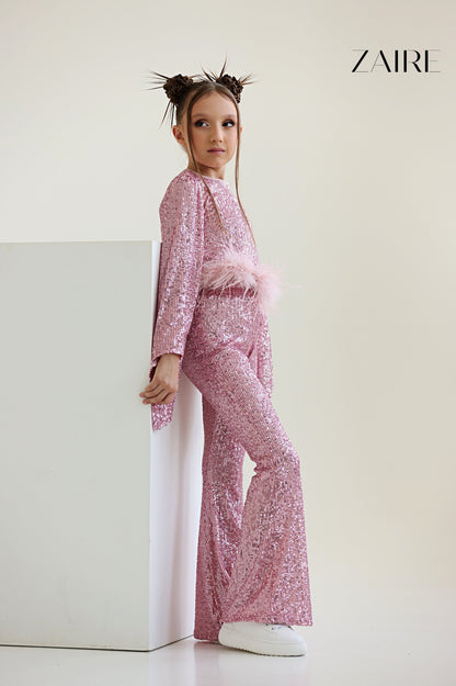 Eliana Elegant Gold Sequin Suit for Girls – Flared Trousers and Top with Natural Feather Tri