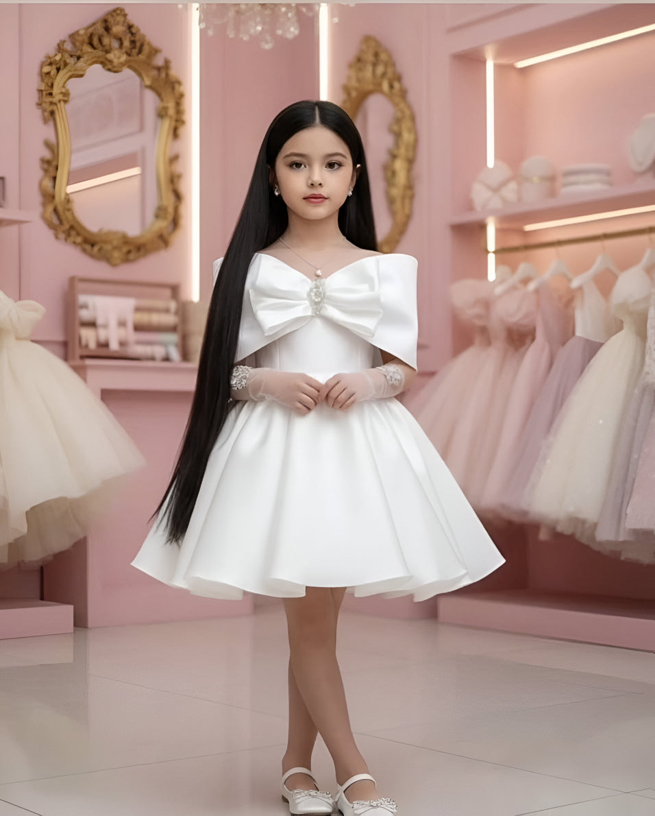 Daiana Elegant White Gown – Premium Taffeta with Statement Shoulder Bow &amp; Precious Appliqués