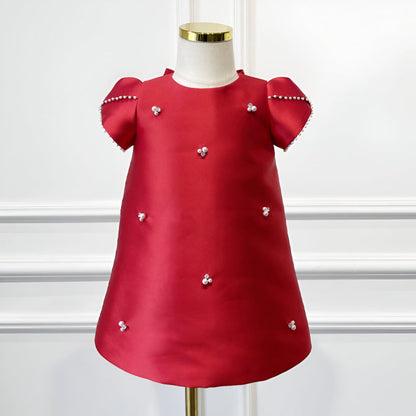 Casilda Elegant Red Gown – Premium Taffeta with Hand-Stitched Pearls, Crystal Appliqués &amp; Signature Bow