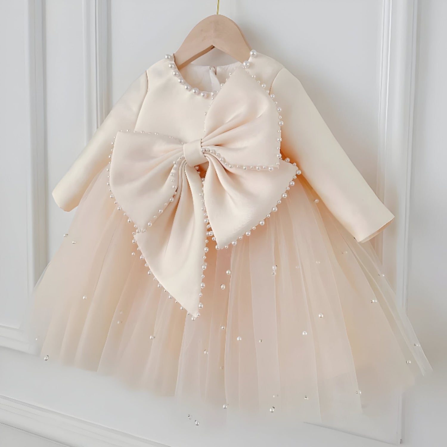 Kendra Elegant Pink Long-Sleeved Gown – Premium Taffeta &amp; Nude Pearl Tulle with Hand-Stitched Details