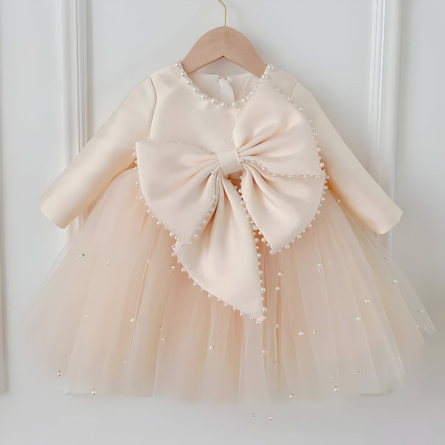 Kendra Elegant Pink Long-Sleeved Gown – Premium Taffeta &amp; Nude Pearl Tulle with Hand-Stitched Details