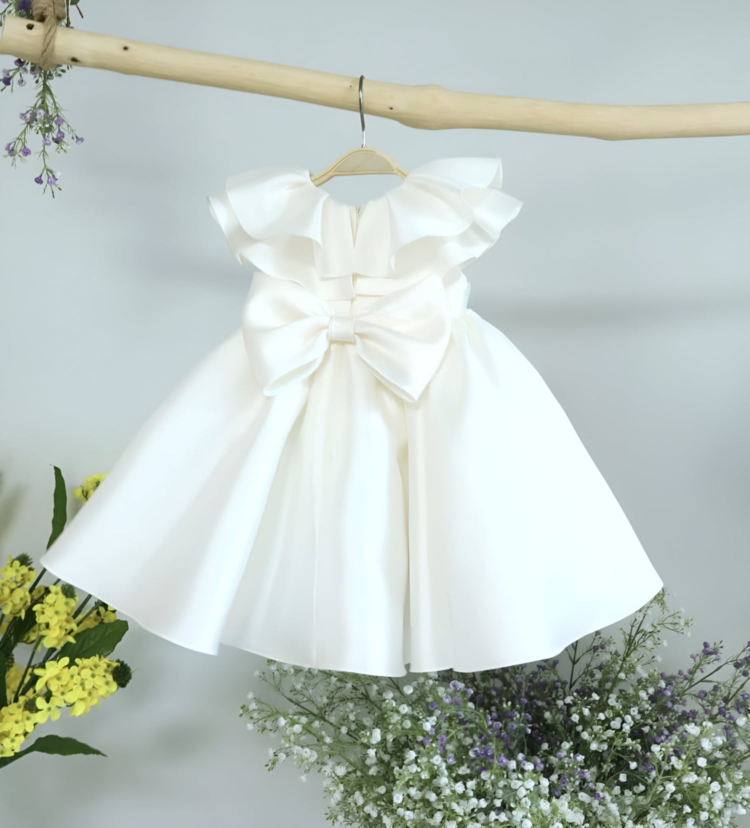Thalita Elegant White Ceremony Dress – Premium Mikado Taffeta with Ruffles and Decorative Buttons
