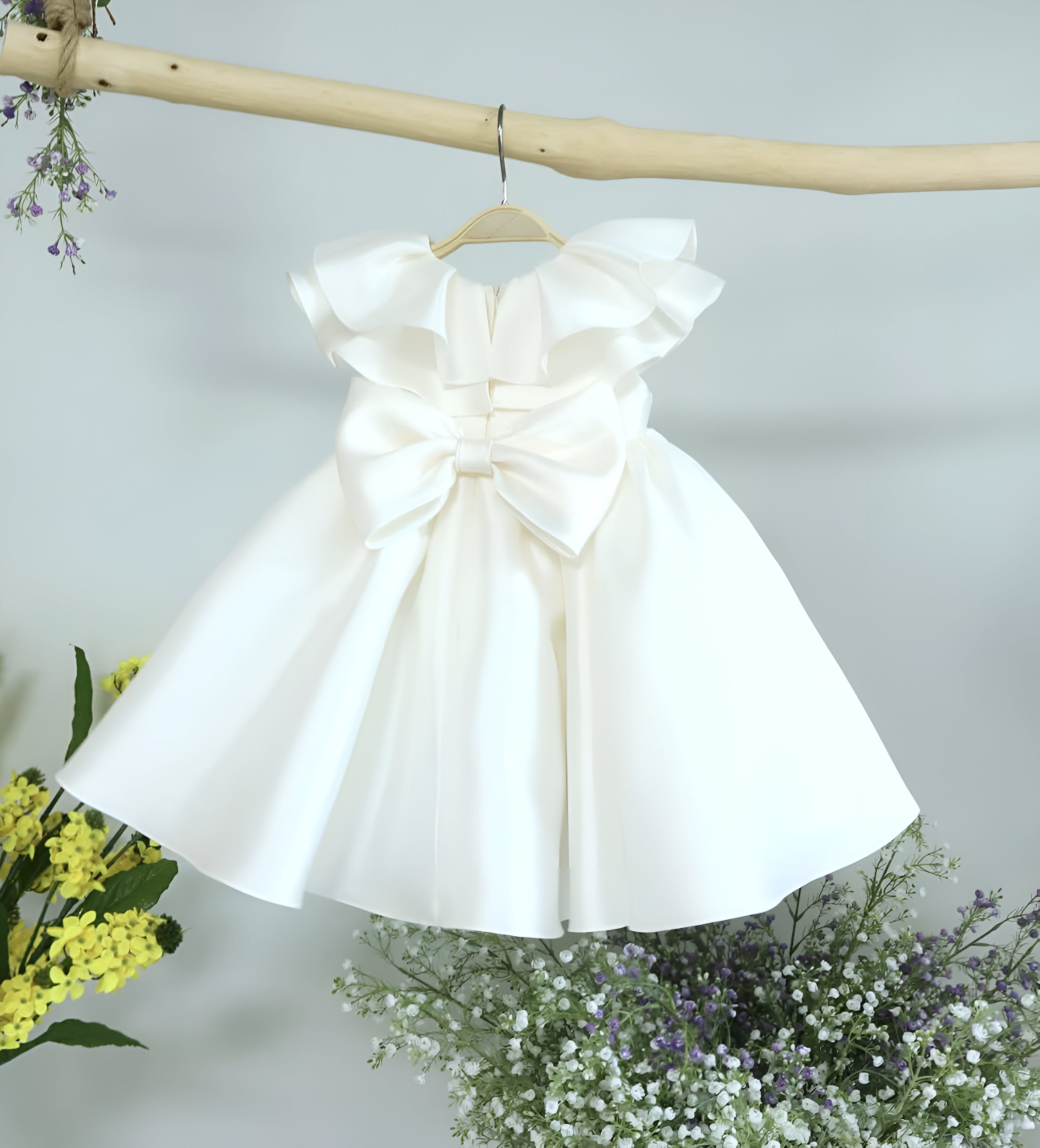 Thalita Elegant White Ceremony Dress – Premium Mikado Taffeta with Ruffles and Decorative Buttons
